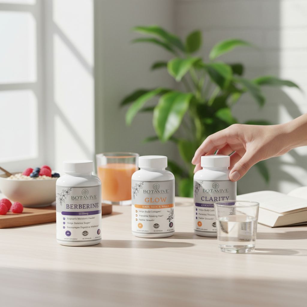 Three supplement bottles on a table with a hand reaching for one, in a bright room with plants and glasses.