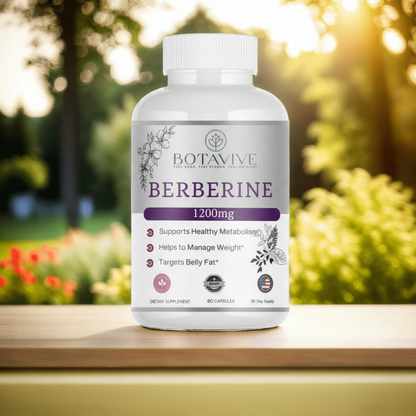 Supplement bottle labeled 'Berberine' by Botavive on a wooden surface with a blurred natural background
