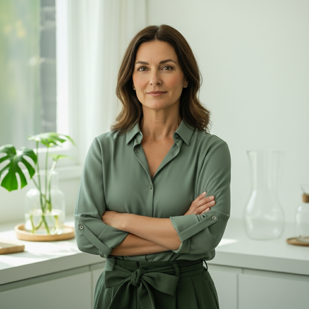 Woman in a green shirt standing in a bright kitchen with plants and white cabinets.