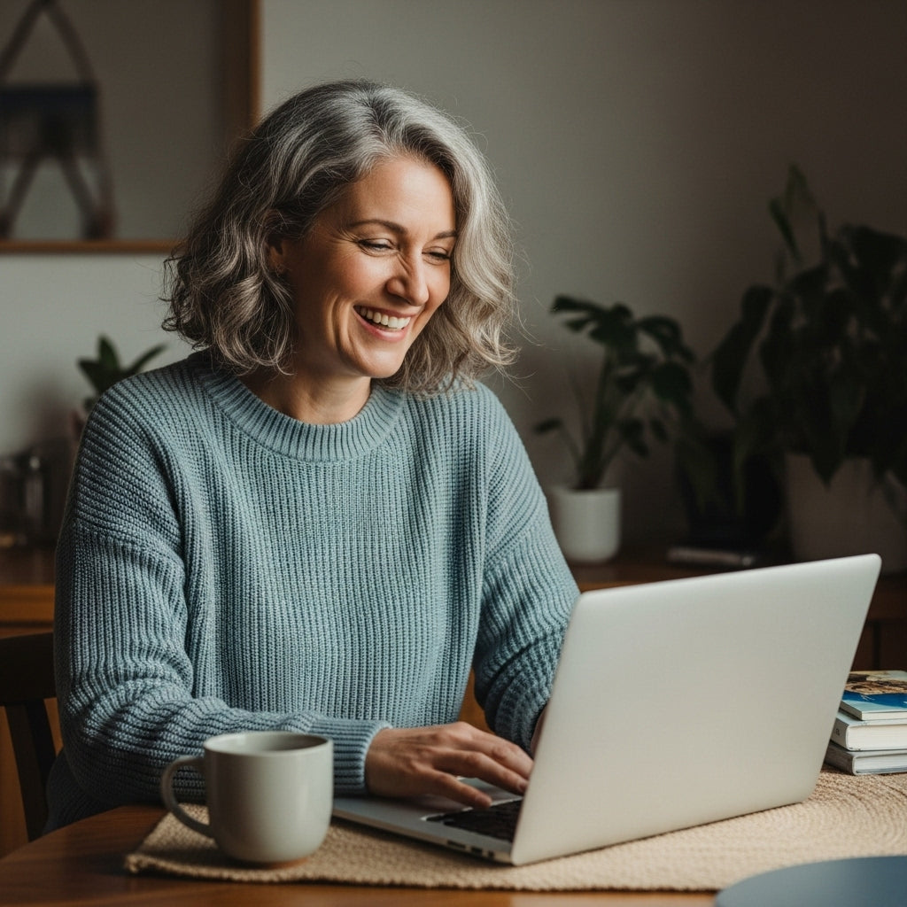 Woman in a teal sweater using a laptop with a mug on a table.
