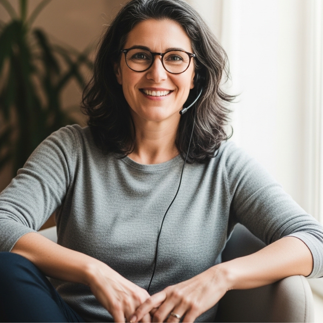 Woman wearing glasses and a gray sweater sitting indoors.