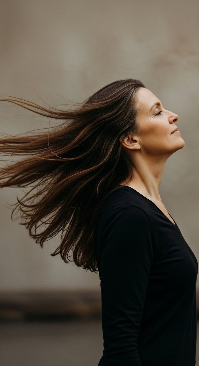 Woman with long brown hair blowing in the wind against a blurred natural background